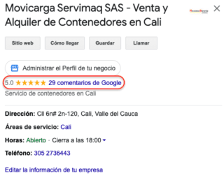 Calificación Google Empresa Movicarga Servimaq SAS, Venta de contenedores , alquiler de contenedores 